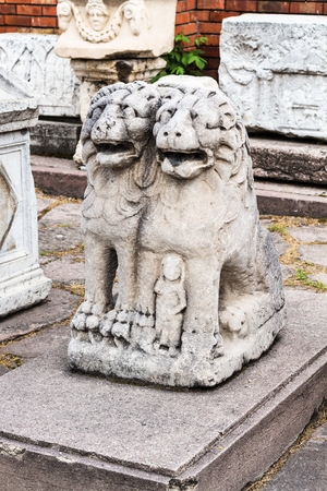 KONYA, TURKEY - MAY 7, 2018: lion sculpture on outdoor yard of Konya Archaeological Museum. The Gallery is a state museum, it was established in 1901, its present location from 1962のeditorial素材