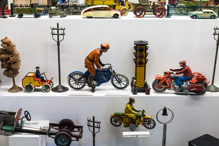 MUNICH, GERMANY - MAY 24, 2018: showcase in Spielzeugmuseum (Toy Museum) in tower of Old Town Hall (Alten Rathausturm) in Munich city. The Munich Toy Museum was opened by Ivan Steiger in 1983のeditorial素材