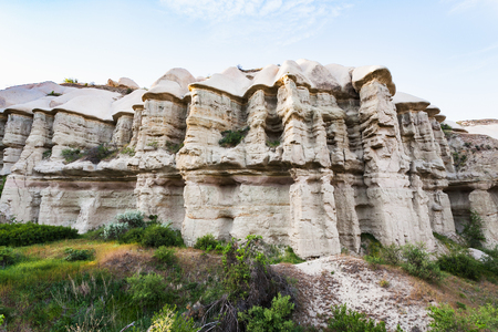 Travel to Turkey - rock walls of gorge near Goreme town in Cappadocia in springの写真素材