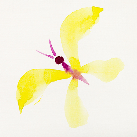 Hand painting in sumi-e style on cream paper - flying butterfly with yellow wings drawn by purple watercolorsの写真素材