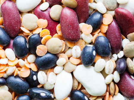food background - ingredients for bean chowder mix, beans, lentils and pearl barley close up