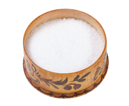 wooden salt cellar with fine ground Sea Salt isolated on white backgroundの写真素材