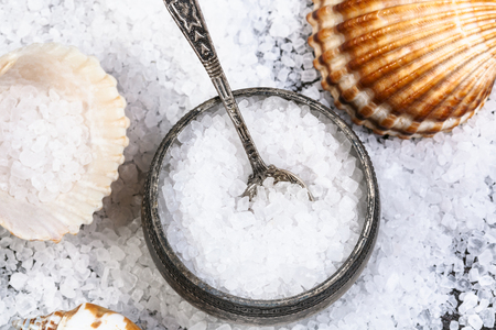 top view of salt cellar, shells and coarse grained Sea Salt close upの写真素材