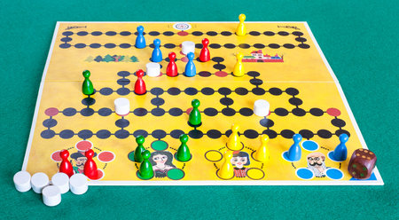 MOSCOW, RUSSIA - APRIL 2, 2019: playing field of Malefiz ( Barricade) strategy board game on green...