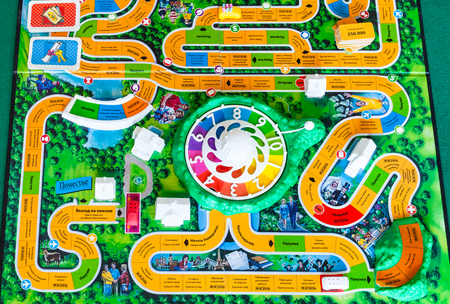 MOSCOW, RUSSIA - APRIL 3, 2019: gameboard of The Game of Life board game. This board game was created in 1860 by Milton Bradley, the modern version was designed by Reuben Klamer in 1960のeditorial素材