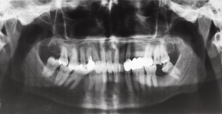 Front view of human jaws with dental crown and pins in teeth on X-ray image
