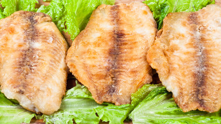 Fried ocean perch fillet on green lettuce close up