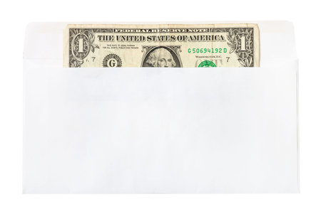 single united states one-dollar bill in open mail envelope isolated on white background