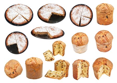 Set from italian Pine Nuts and Panettone Easter Cakes isolated on whiteの写真素材