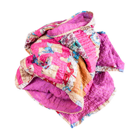 Crumpled stitched patchwork scarf from various silk strips and crushed pink cotton fabric isolated...