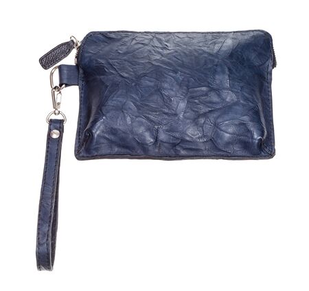 closed small blue leather wristlet pouch bag isolated on white backgroundの写真素材