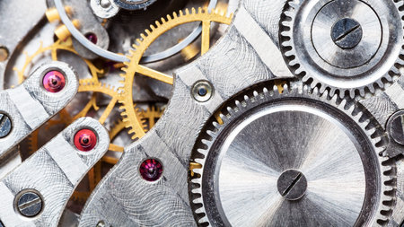 clockwork of mechanical Pocket watch with ruby, gears and toothed wheels