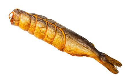 headless hot-smoked salmon fish isolated on white backgroundの写真素材