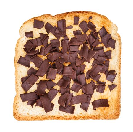 top view of dutch sweet open sandwich with toast and chocoladevlokken (topping from chocolate flakes) isolated on white backgroundの写真素材
