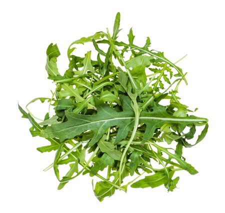 top view of heap from green leaves of Arugula (rocket, eruca, rucola) plant isolated on white backgroundの写真素材