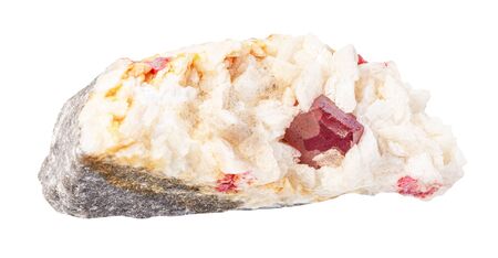 closeup of sample of natural mineral from geological collection - Cinnabar crystals in unpolished Carbonatite rock isolated on white backgroundの写真素材