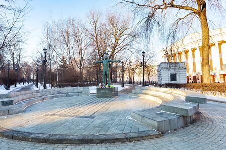MOSCOW, RUSSIA - FEBRUARY 8, 2020: Strastnoy boulevard near Petrovsky Gates Square (Peter's Gate Square) and building of Moscow City Duma (Russian regional parliament in Moscow) in winter morning.のeditorial素材