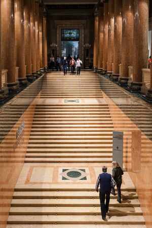 MOSCOW, RUSSIA - FEBRUARY 11, 2020: visitors on main staircase in Pushkin State Museum of Fine Arts at Vohonka street. Pushkin Museum is the largest museum of European art in Moscowのeditorial素材