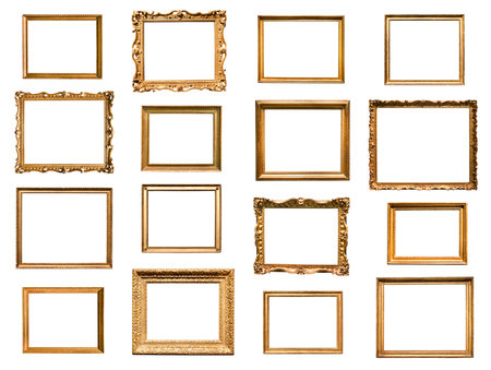 set of various horizontal baroque wooden painting frames with cutout canvas isolated on white...