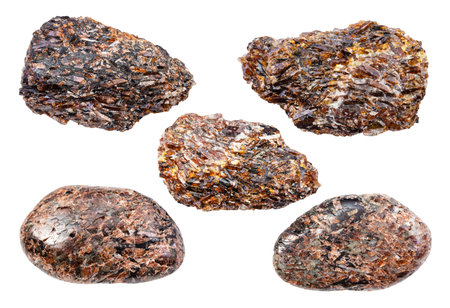 set of various titanite (sphene) rocks isolated on white background