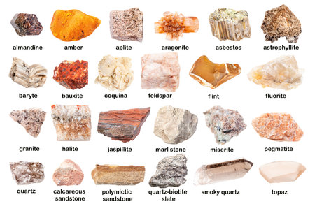 Set of various unpolished stones with names  isolated on white