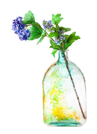 artificial hortensia flowers in handpainted glass flask isolated on white backgroundの写真素材
