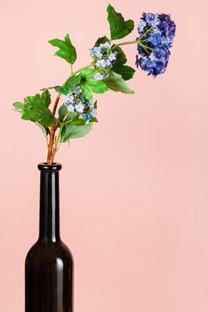 artificial flower in brown glass bottle on peach pastel color backgroundの写真素材