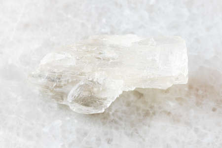 closeup of sample of natural mineral from geological collection - unpolished Petalite rock on white marble background from Araguai, Brazilの写真素材