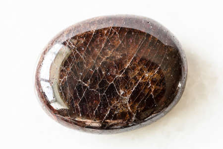 closeup of sample of natural mineral from geological collection - tumbled Pyrope garnet rock on white marble background from Brazilの写真素材