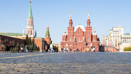 MOSCOW, RUSSIA - SEPTEMBER 27, 2020: panoramic view of Red Square of Kremlin with tourists and State...