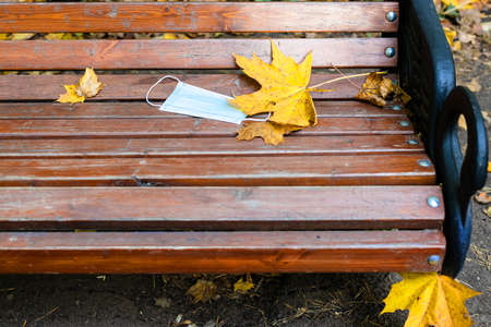 dropped medical face fask and yellow maple leaves on wooden bench in city park on autumn dayの写真素材