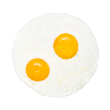 top view of two fried eggs isolated on white backgroundの写真素材