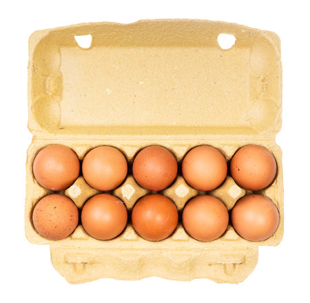 top view of ten brown chicken eggs (nine brown eggs and one white) in yellow paper box isolated on white backgroundの写真素材