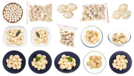 collection of various cooked and uncooked Pelmeni (russian dumplings filled with minced meat) iisolated on white backgroundの写真素材