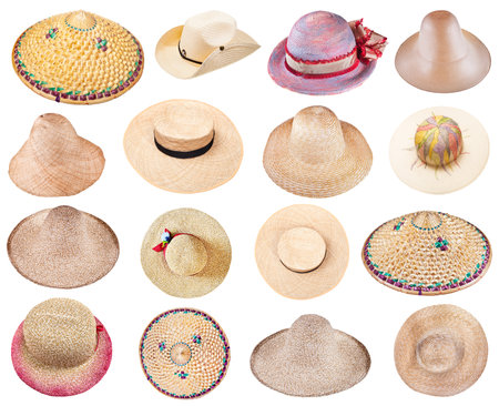 set of various summer straw hats isolated on white backgroundの写真素材