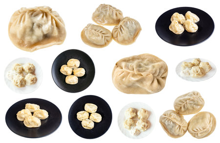 set of cooked Manti (type of dumpling in turkic cuisine) on isolated on white backgroundの写真素材