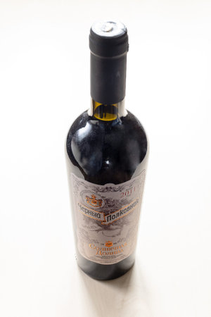 MOSCOW, RUSSIA - JUNE 10, 2021: bottle of sweet fortified wine Black Colonel (Chernyy Polkovnik) from Sun Valley crimean winery. The history of the winery began in 1888のeditorial素材