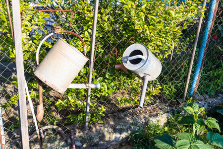 old steel watering cans hang on mesh-netting of home garden on backyard of village house on summer eveningの写真素材