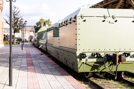 Moscow, Russia - September 29, 2021: armored train car on platform in Museum Industrial complex...