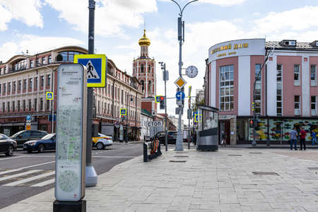 Moscow, Russia - August 23, 2021: view of Strastnoy boulevard of Boulevard Ring and Petrovka street from Petrovsky Gates Square (Peter's Gate Square) in Moscow city on summer dayのeditorial素材