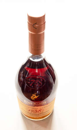 Moscow, Russia - September 25, 2021: closed bottle with Remy Martin 1738 Accord Royal french cognac. It named after royal decree issued in 1738 when King Louis XV granted Accord Royal to Remy Martinのeditorial素材