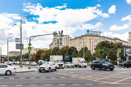 Moscow, Russia - August 23, 2021: car traffic on Garden Ring road in Moscow city on summer day....