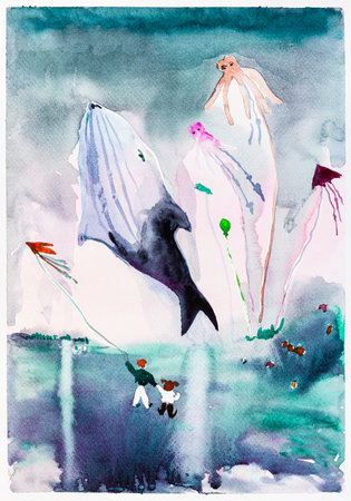 near sea during hot air balloon and kite festival hand painted with watercolor paints on white textured paperの写真素材