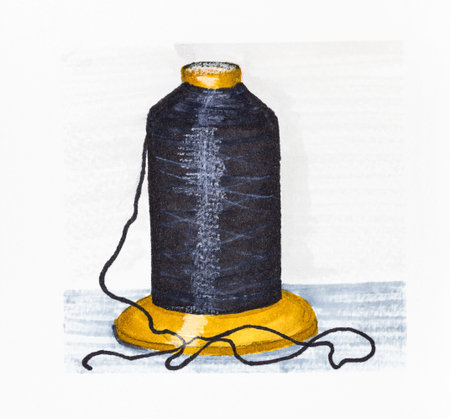 sketch of spool of black sewing thread close up hand-drawn with markers and color pencils on white...