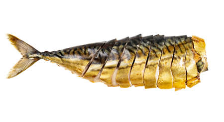 cold smoked headless mackerel cut into pieces isolated on white backgroundの写真素材
