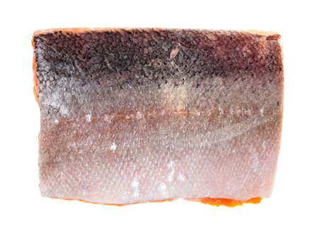 frozen piece of atlantic salmon isolated on white background