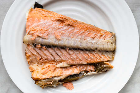 top view of half baked salmon tail part white plateの写真素材