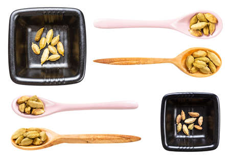 set of various cardamom seeds isolated on white backgroundの写真素材