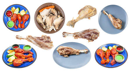 set of various boiled chicken and turkey legs isolated on white backgroundの写真素材