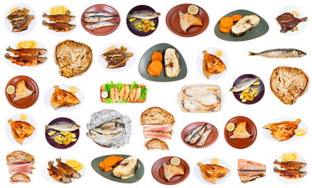 set of various fried fish isolated on white backgroundの写真素材